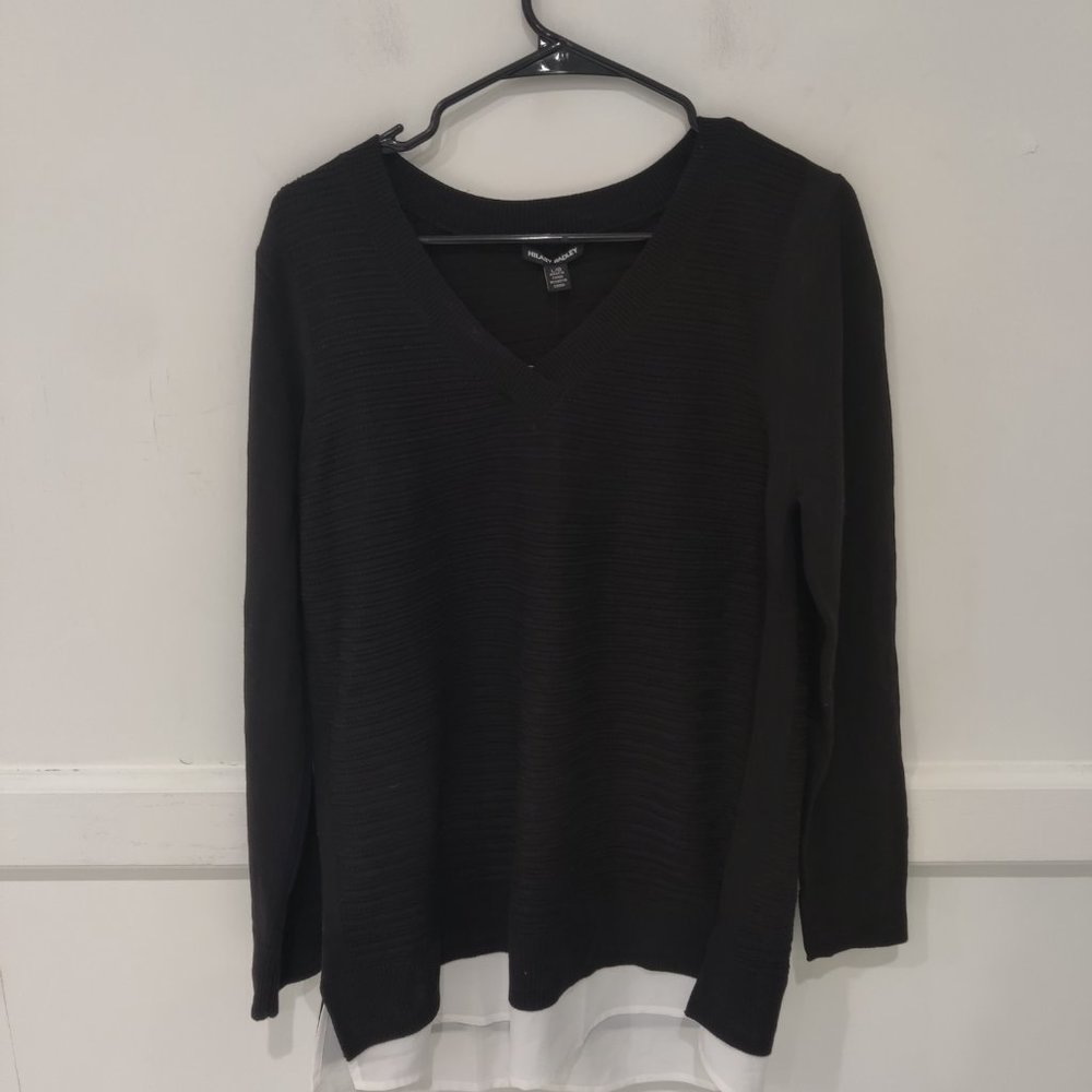 NWT Hilary Radley Womens Long Sleeve Two-Fer Sweater Black Size L $80 UU042